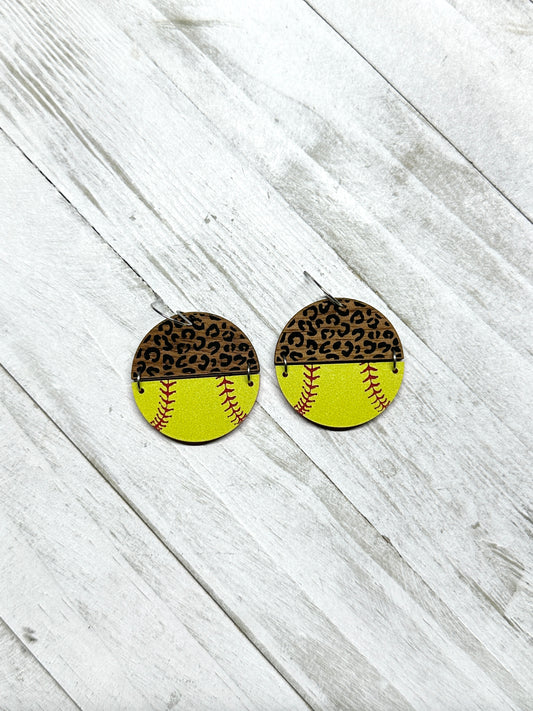 Softball Leopard Walnut Dangle Earrings | Sports Earrings