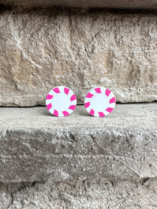 Pink Peppermint Candy Round Stud | Christmas Earrings