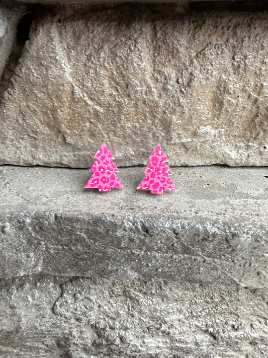 Pink Leopard Print Christmas Tree Stud | Christmas Earrings