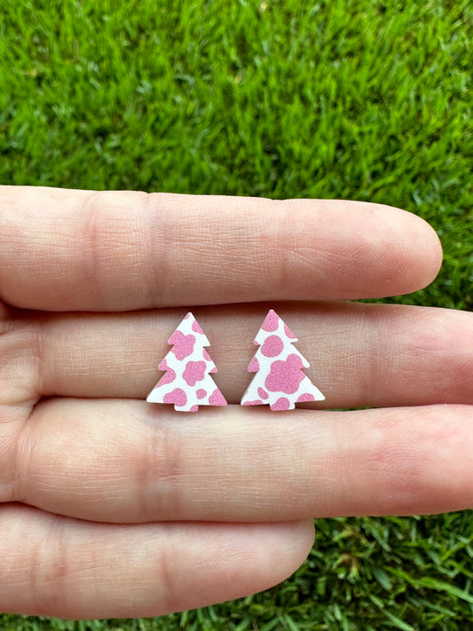 Pink Cow Print Christmas Tree Stud | Christmas Earrings