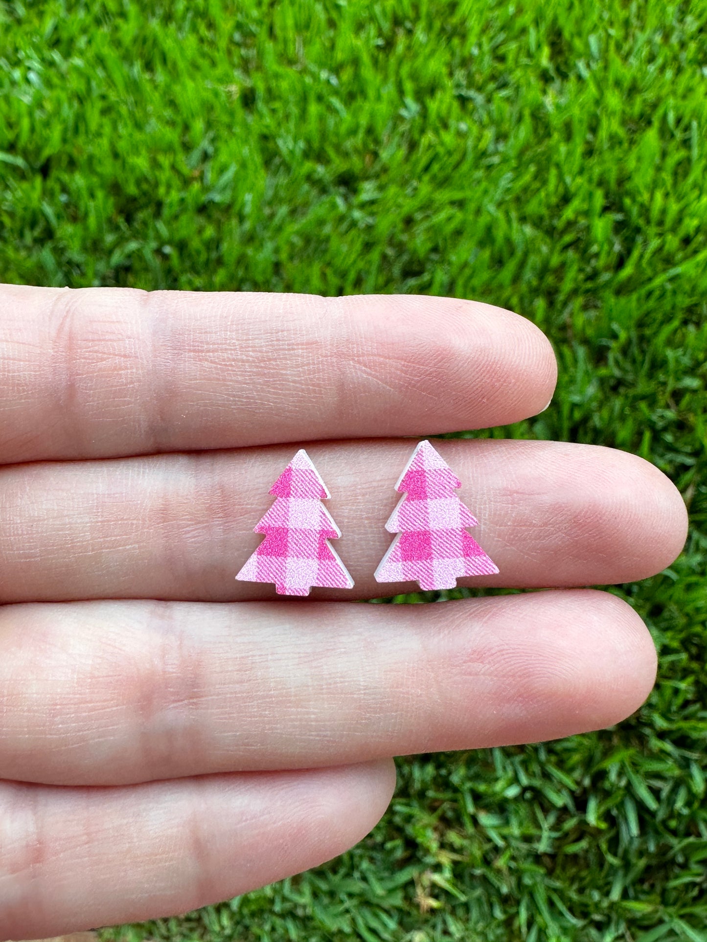 Pink Buffalo Plaid Christmas Tree Stud | Christmas Earrings