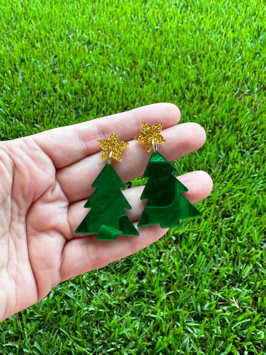 Green Mirror Christmas Tree Earrings | Holiday Earrings