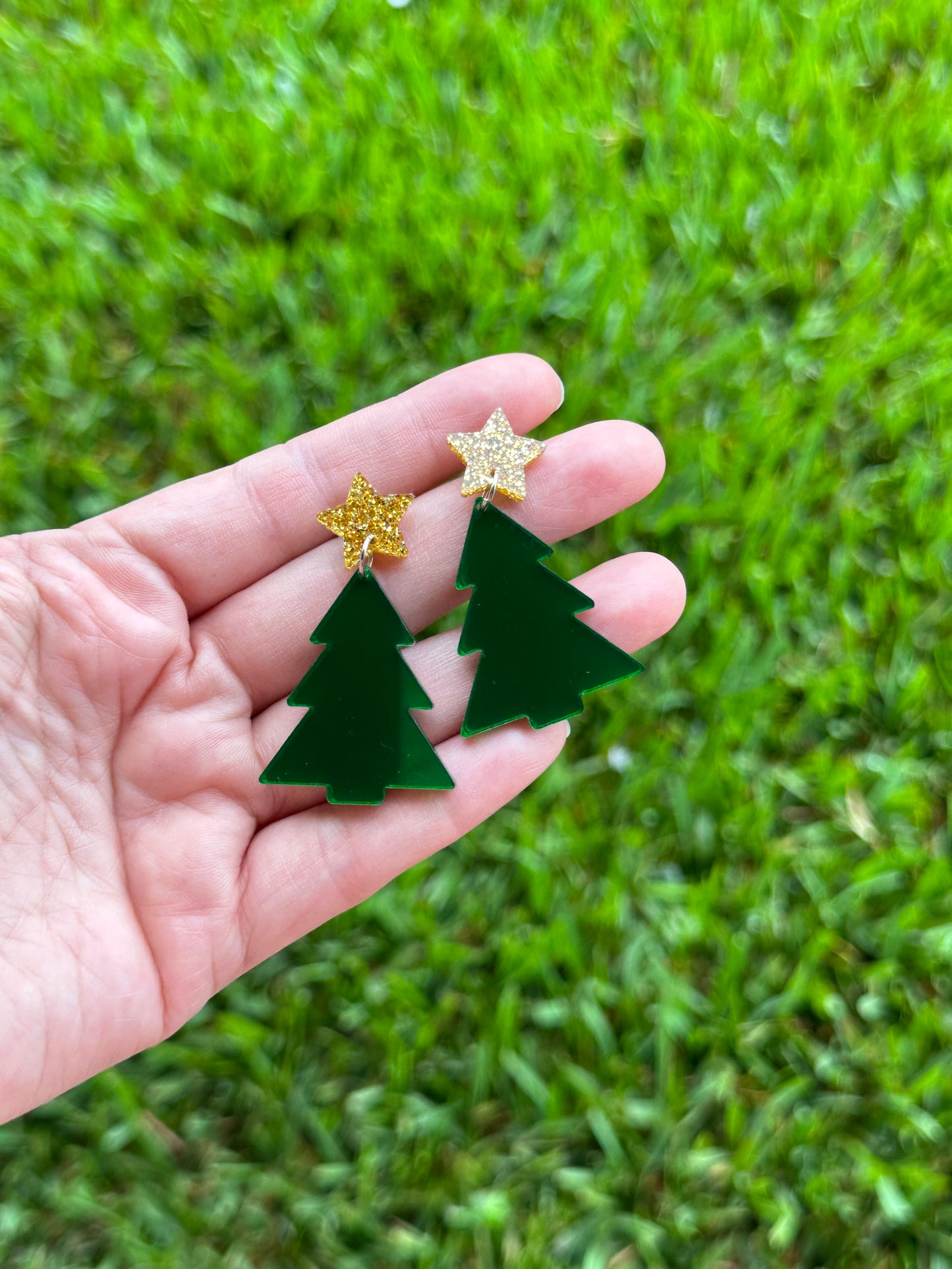 Green Mirror Christmas Tree Earrings | Holiday Earrings