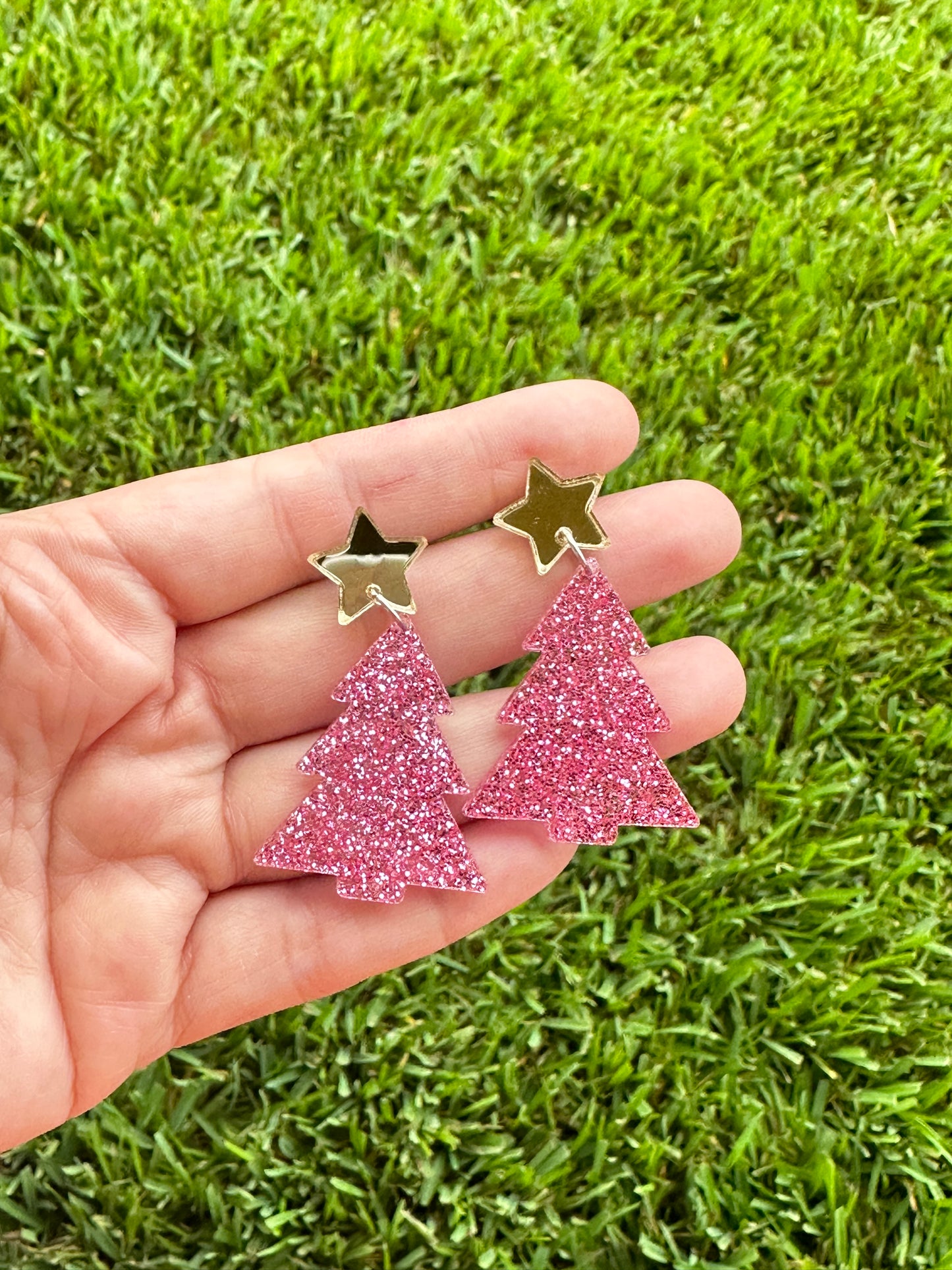 Pink Glitter Christmas Tree Earrings | Holiday Earrings