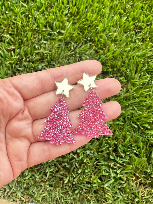 Pink Glitter Christmas Tree Earrings | Holiday Earrings
