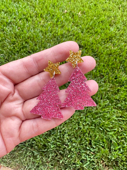Pink Glitter Christmas Tree Earrings | Holiday Earrings