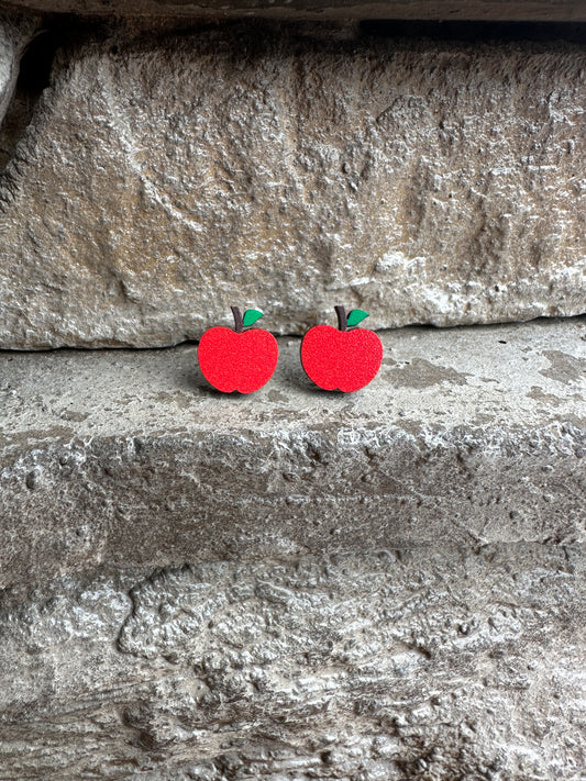 Red Apple Teacher Wood Earrings