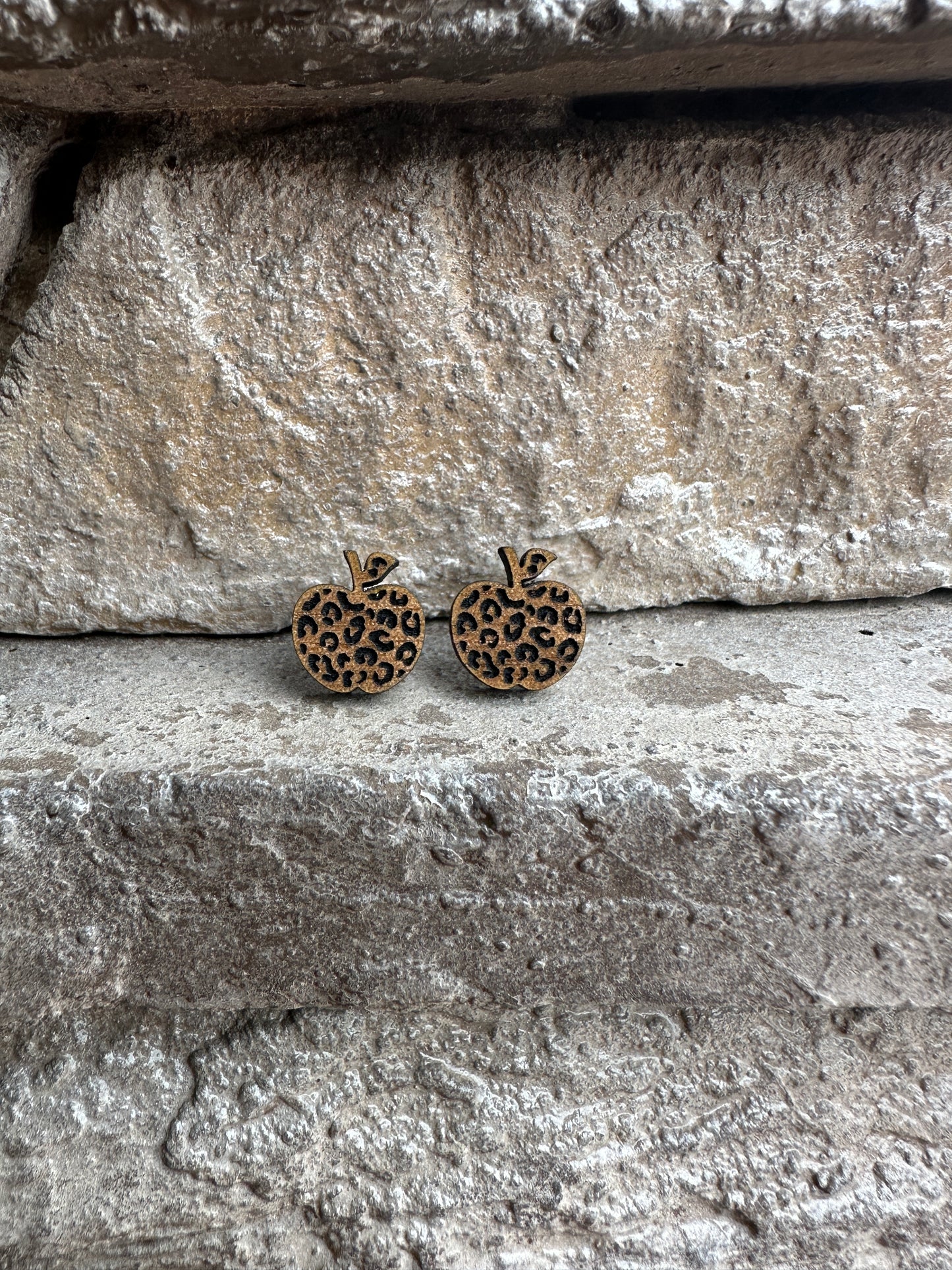 Leopard Apple Walnut Earrings, Teacher Earrings