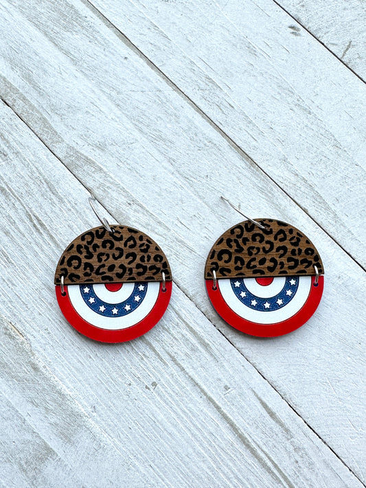4th of July Bunting Leopard Walnut & Acrylic Dangle Earrings