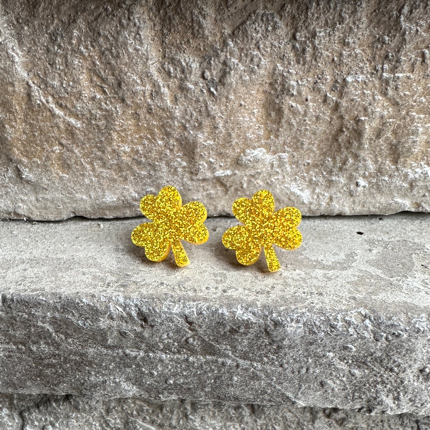 Yellow Gold Glitter Acrylic Shamrock Earrings | St. Patrick's Day Earrings