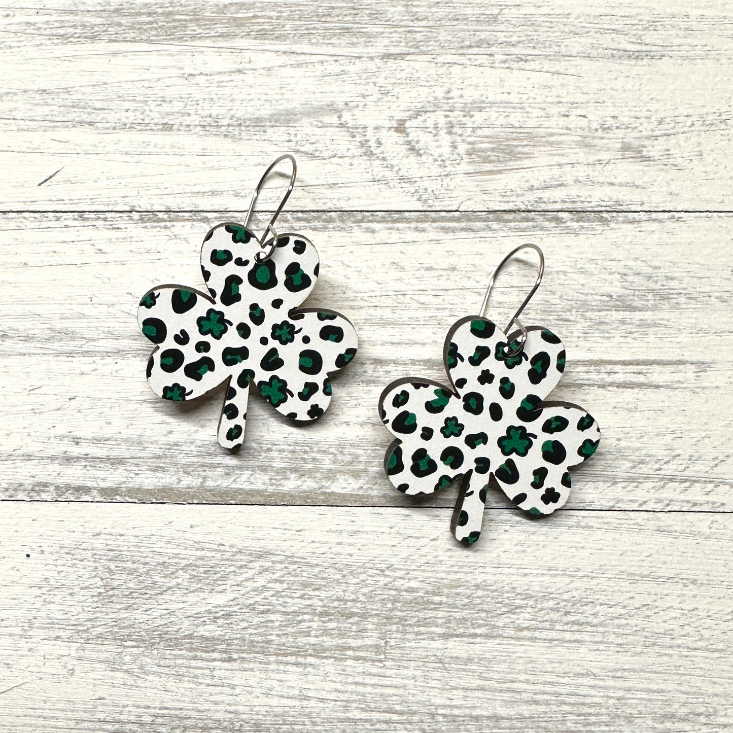 Leopard White Shamrock Dangle | St. Patrick’s Day Earrings