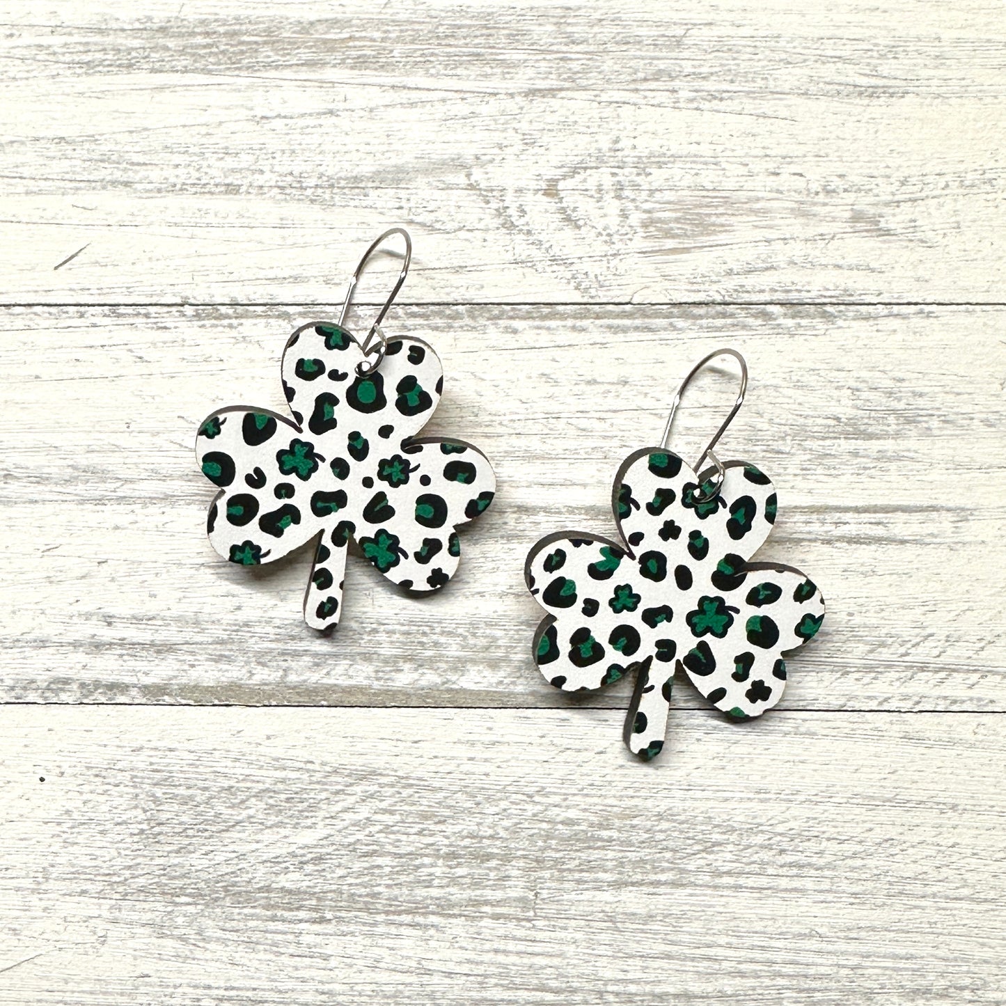 Leopard White Shamrock Dangle | St. Patrick’s Day Earrings
