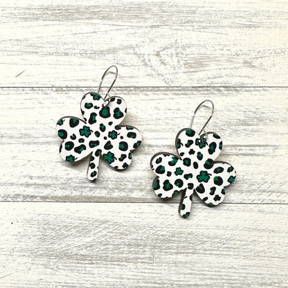 Leopard White Shamrock Dangle | St. Patrick’s Day Earrings