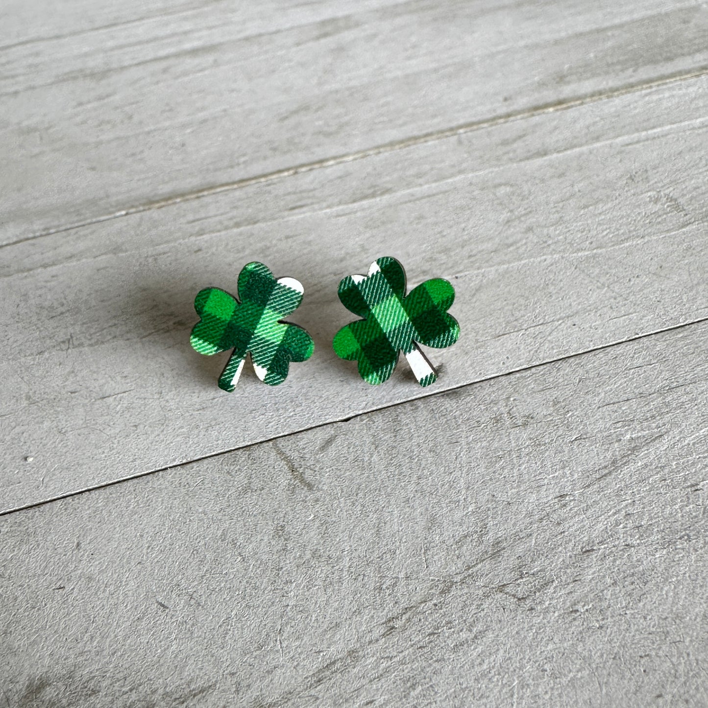 Green & White Plaid Shamrock Earrings | St. Patrick’s Day Earrings