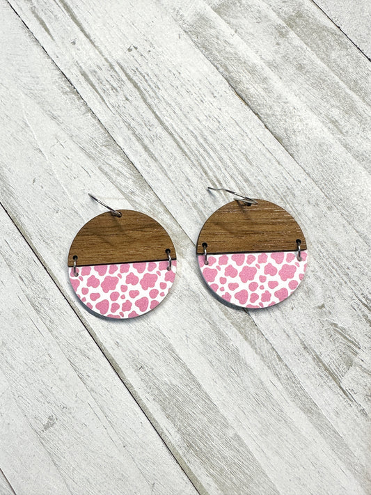 Pink Cow Print Acrylic & Walnut Wood Dangle | Western Earrings