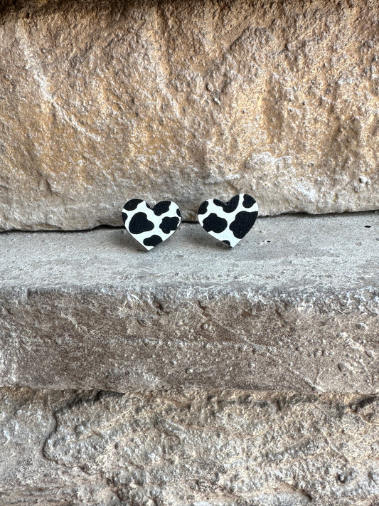 Black Cow Print Heart Stud | Western Earrings