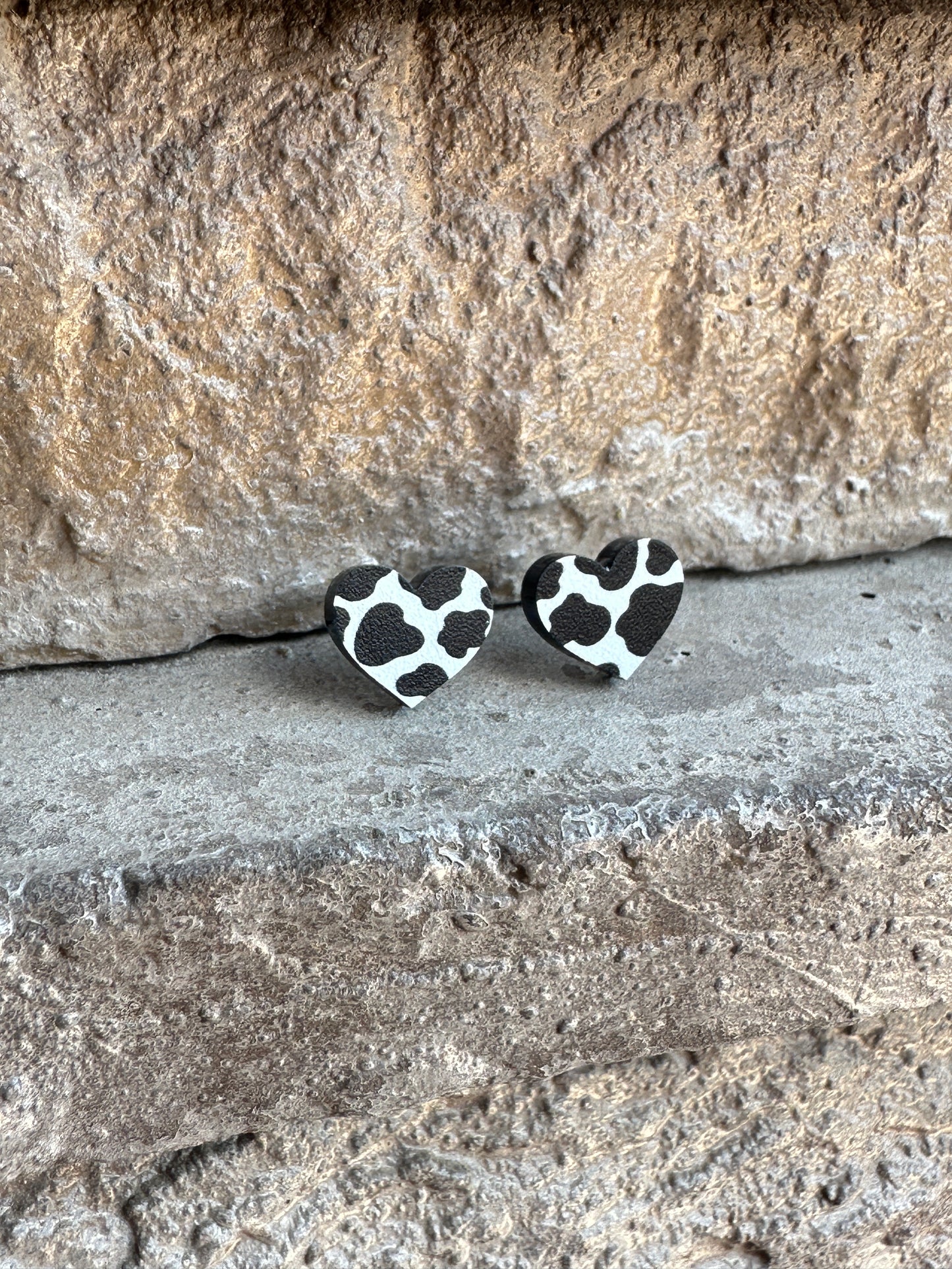Black Cow Print Heart Stud | Western Earrings