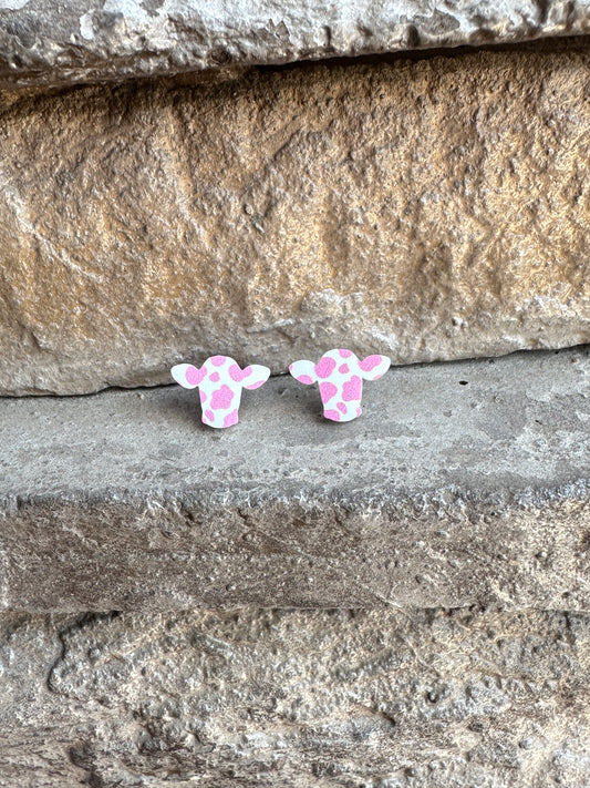 Pink Cow Print Head Acrylic Stud | Western Earrings