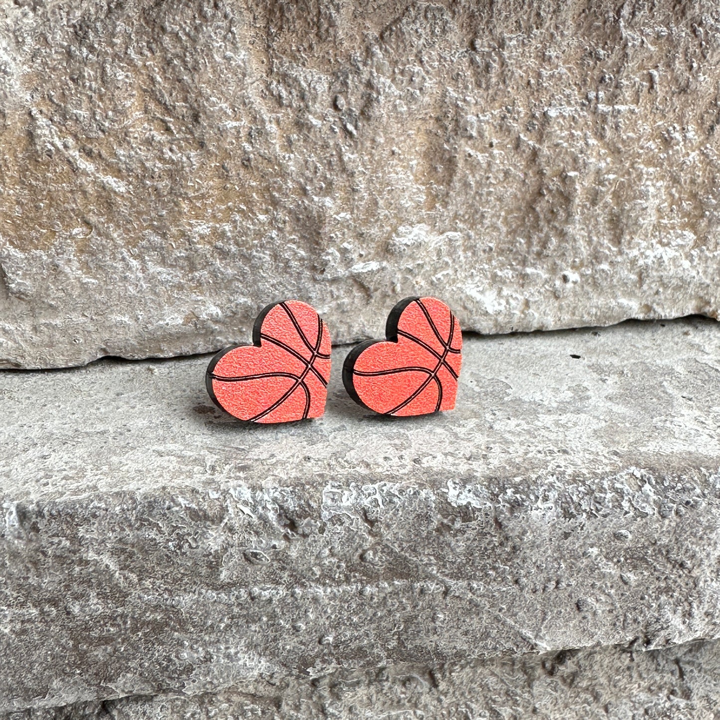 Basketball Two Tone Heart Stud Earrings | Sports Earrings