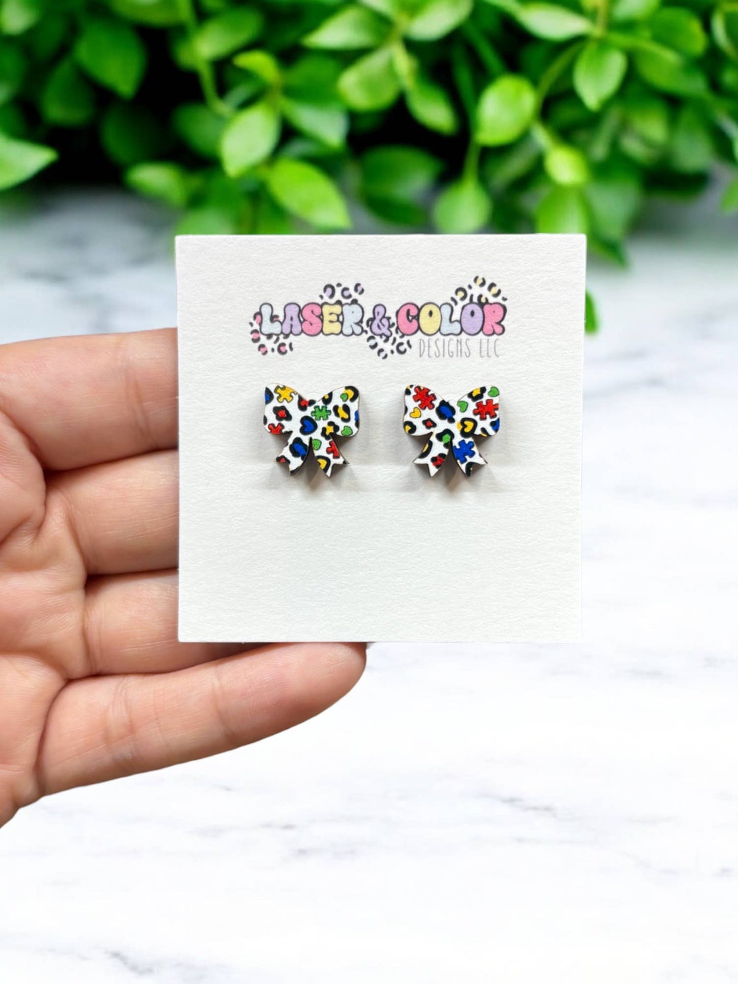 Autism Earrings, Leopard Puzzle Bow Earrings