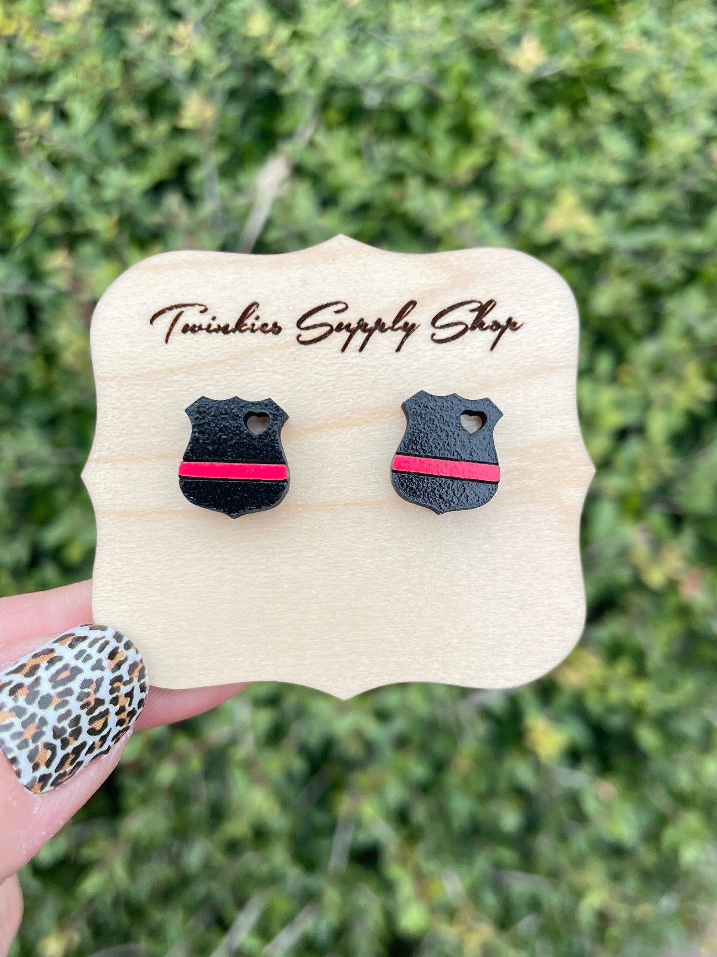 Thin Red Line Badge Wood Earrings