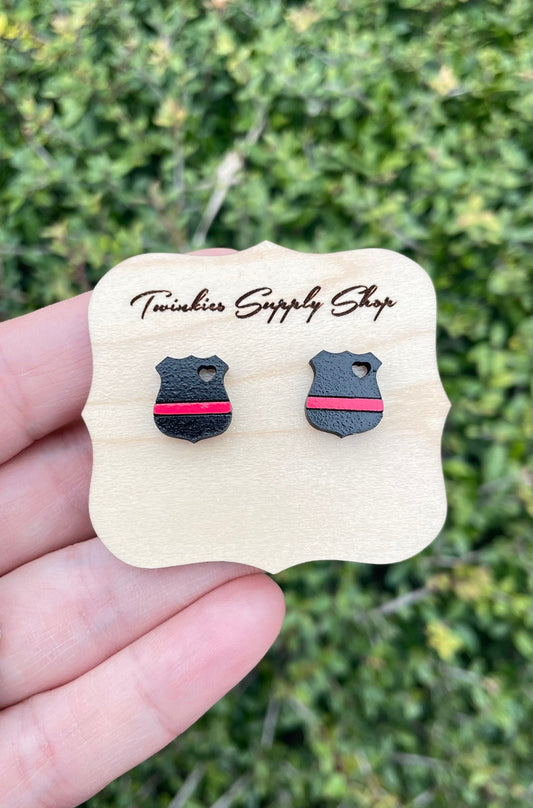 Thin Red Line Badge Wood Earrings