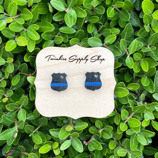 Thin Blue Line Badge Wood Earrings