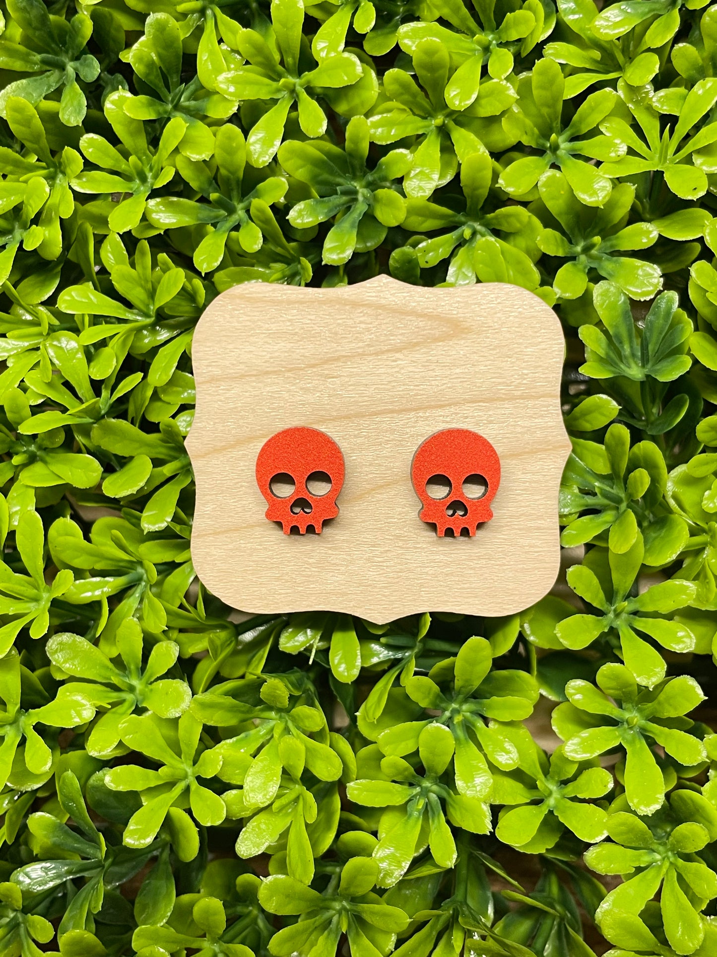 Orange Skull Wood Earrings | Halloween Earrings