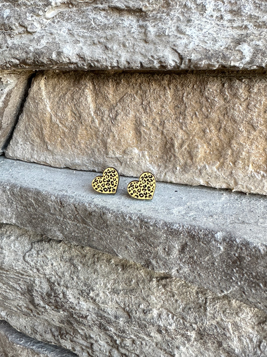 Leopard Heart Maple Wood Earrings