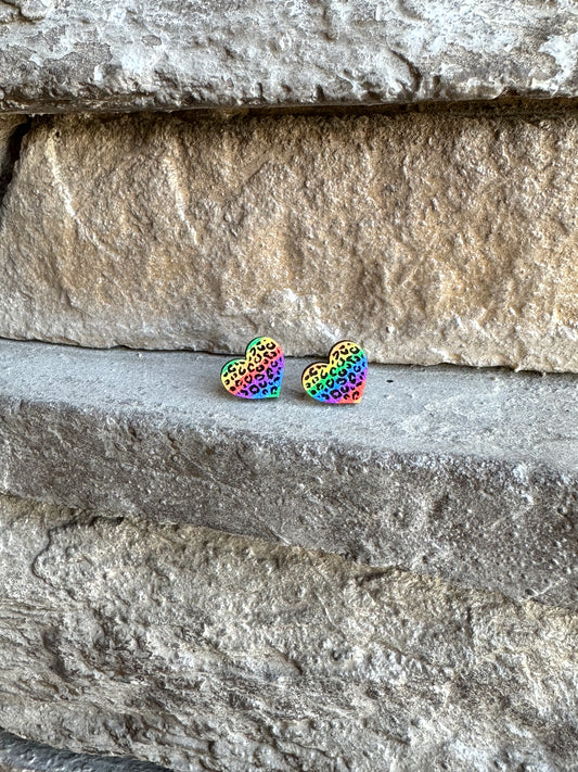 Rainbow Leopard Heart Earrings