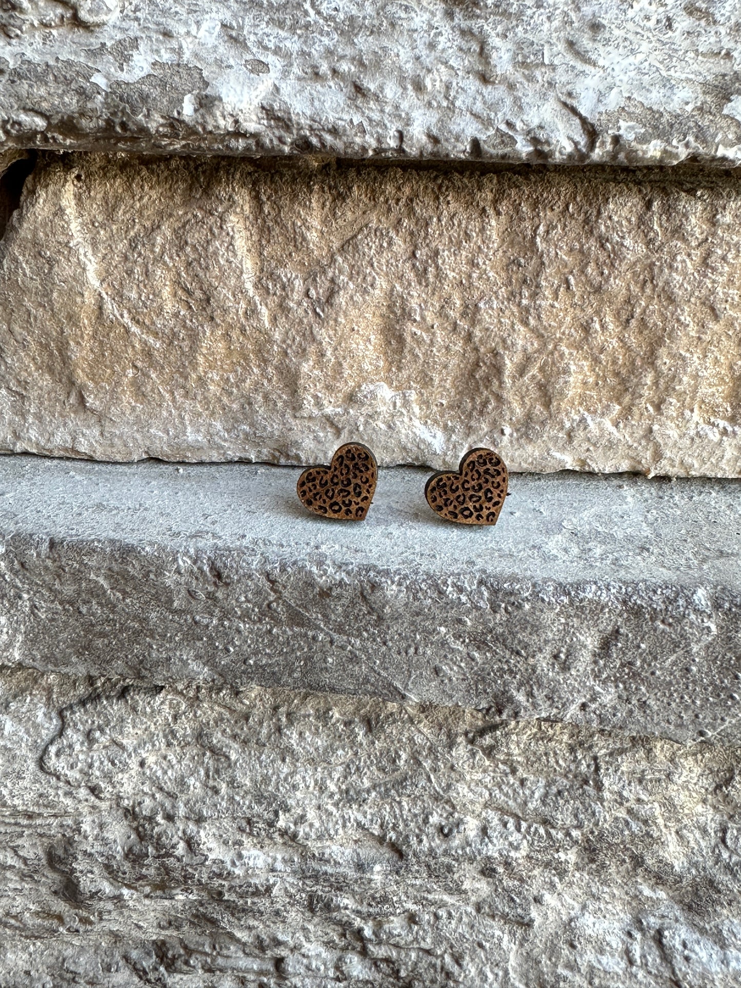 Leopard Heart Walnut Wood Earrings