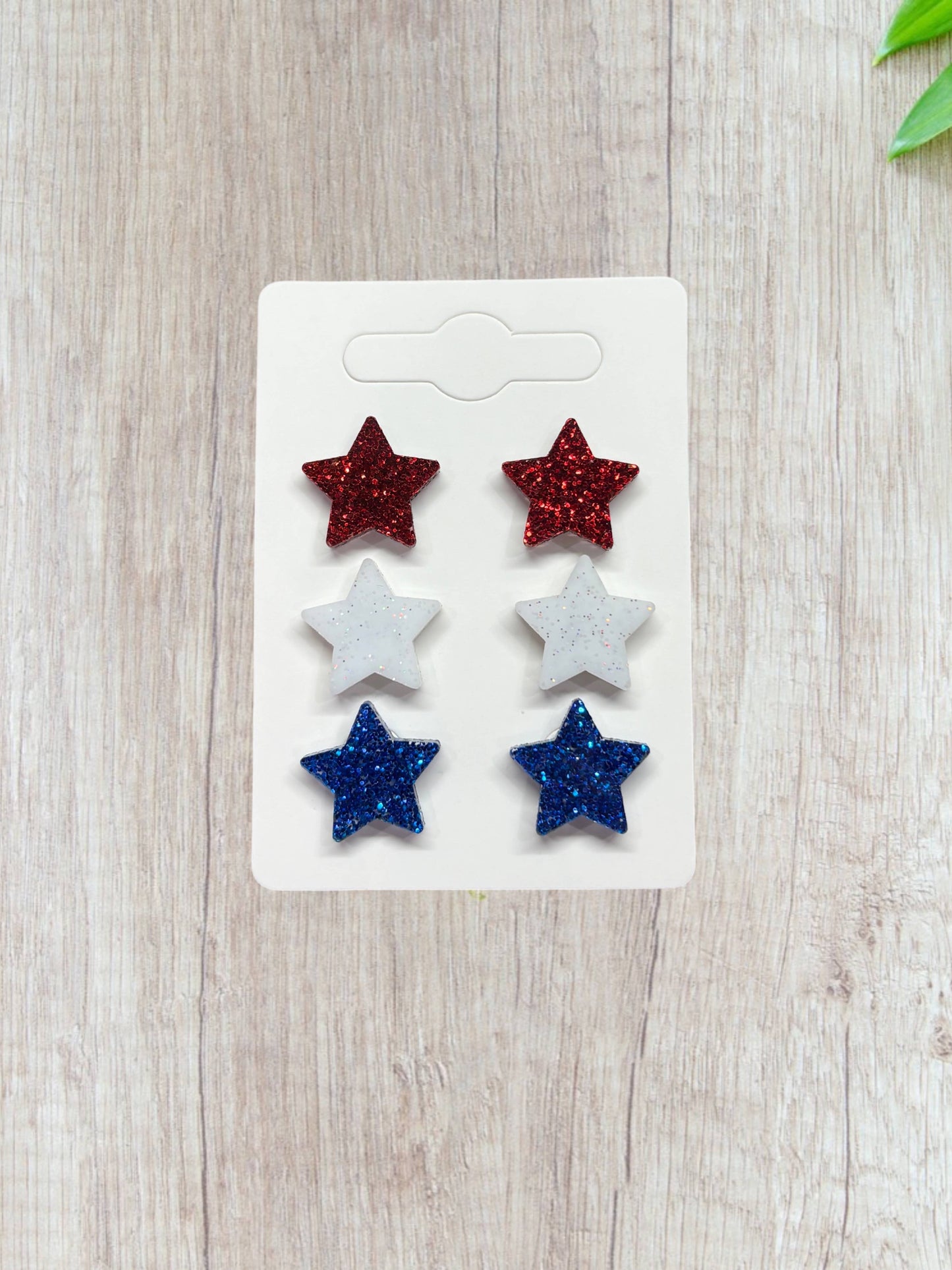 4th of July Earrings, Red White Blue Glitter Star Studs