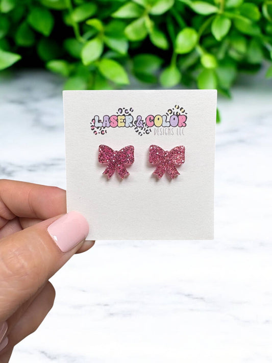 Pink Glitter Bow Studs, Valentine's Day Earrings