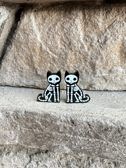 Cat Skeleton Stud Earrings | Halloween Earrings