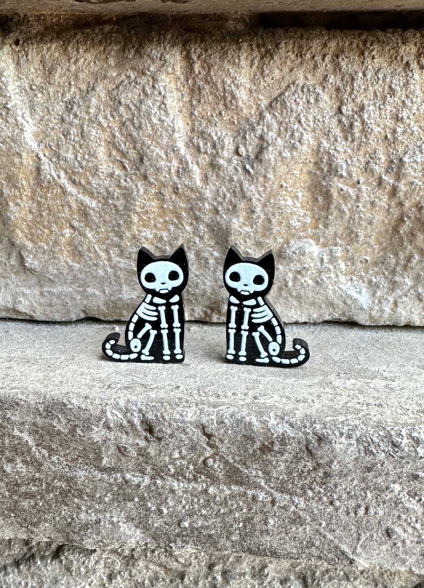 Cat Skeleton Stud Earrings | Halloween Earrings