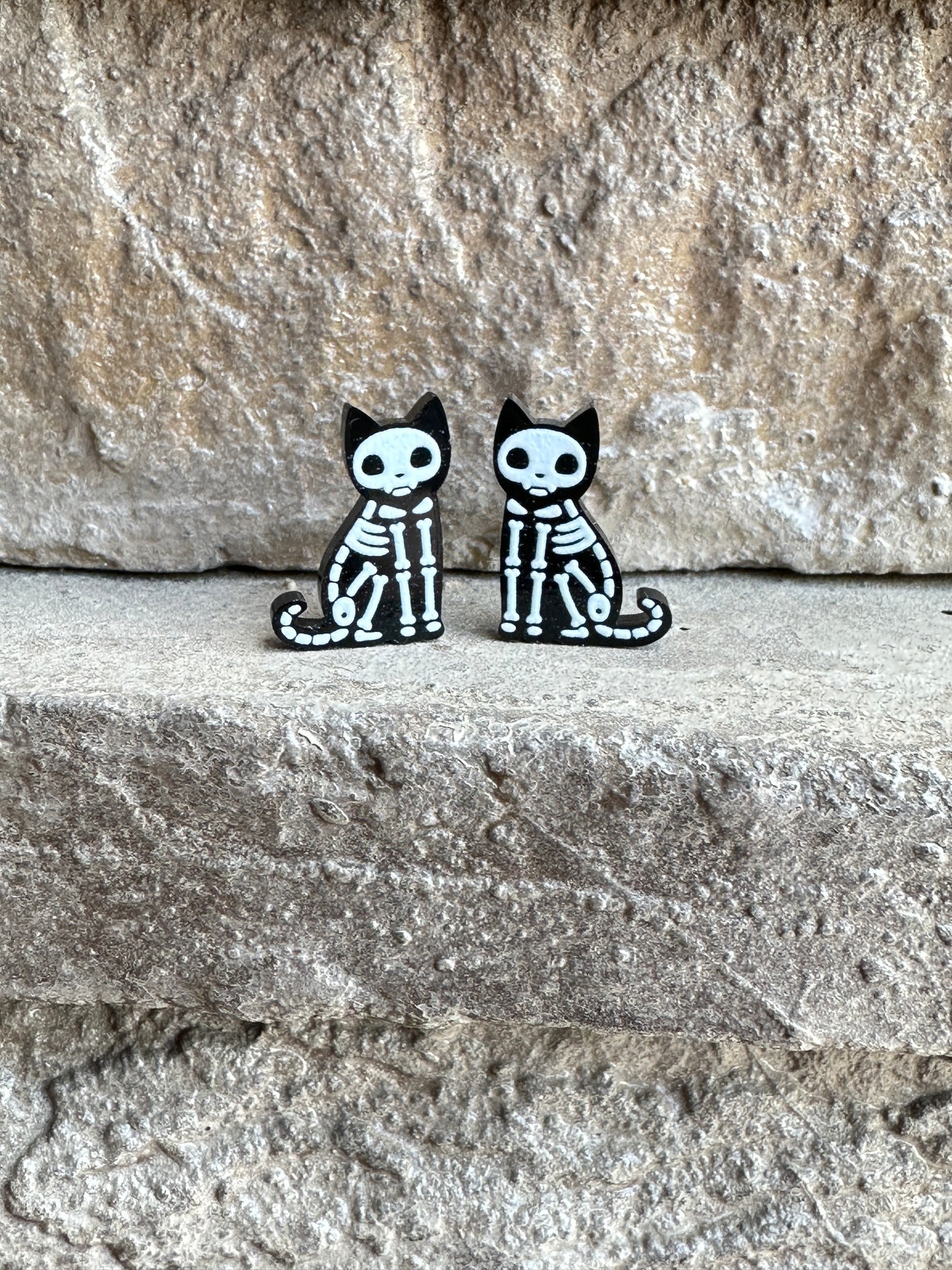 Cat Skeleton Stud Earrings | Halloween Earrings