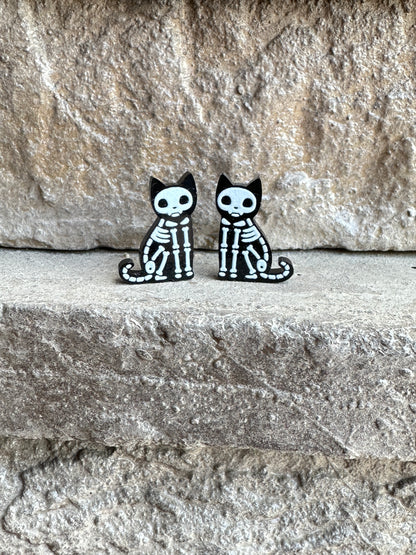 Cat Skeleton Stud Earrings | Halloween Earrings