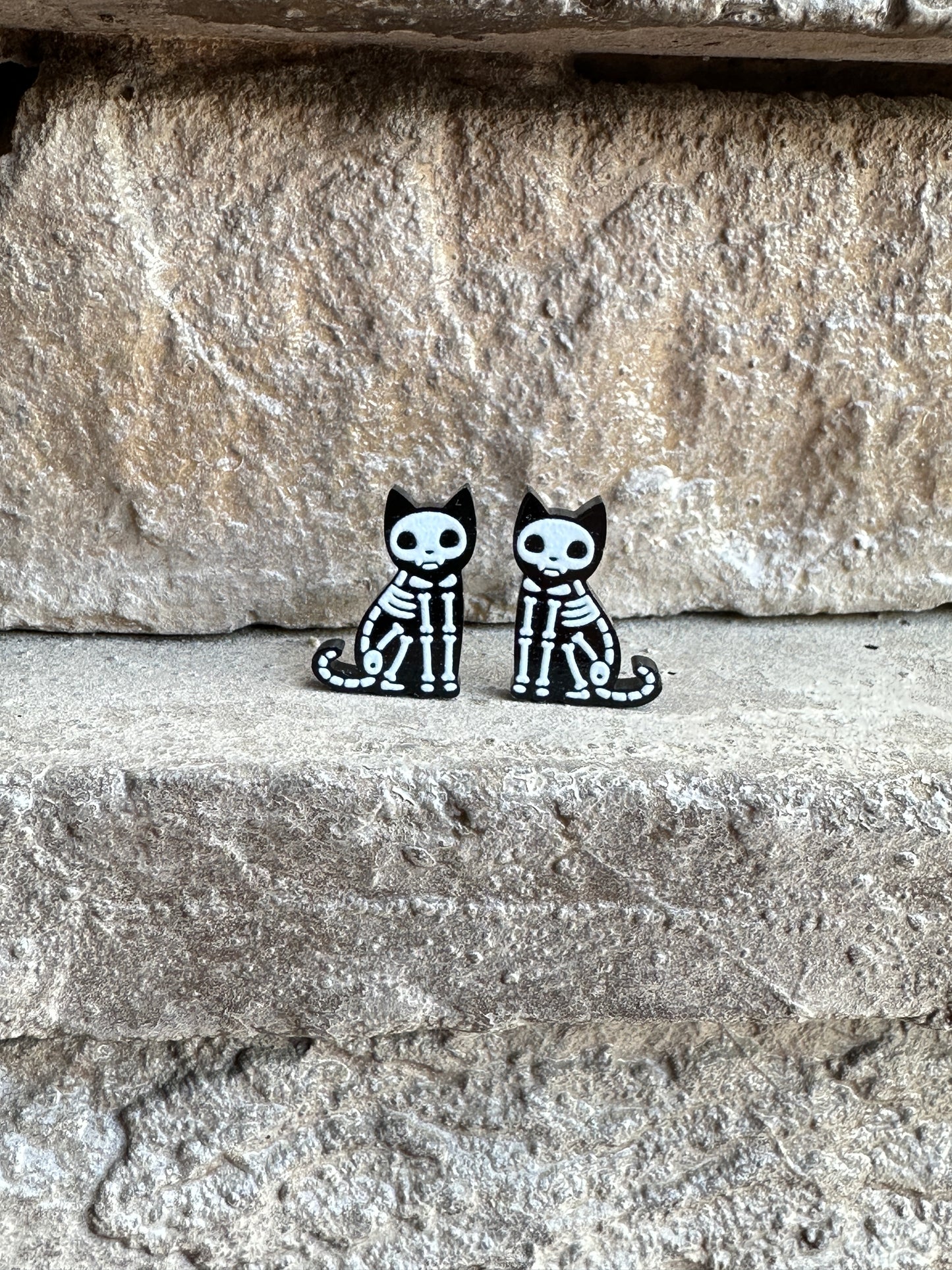Cat Skeleton Stud Earrings | Halloween Earrings