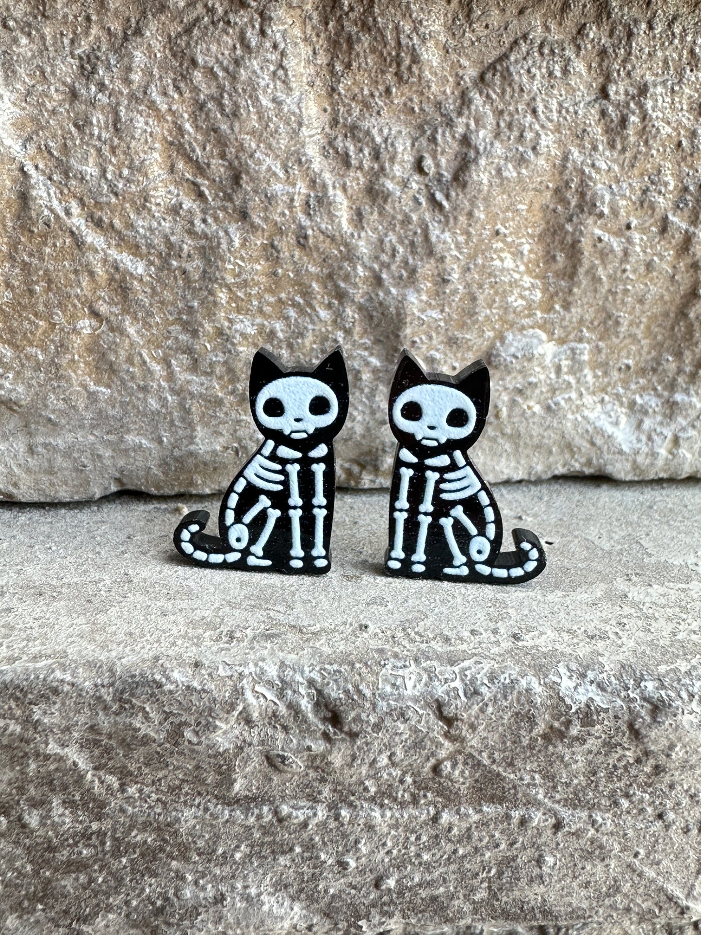 Cat Skeleton Stud Earrings | Halloween Earrings