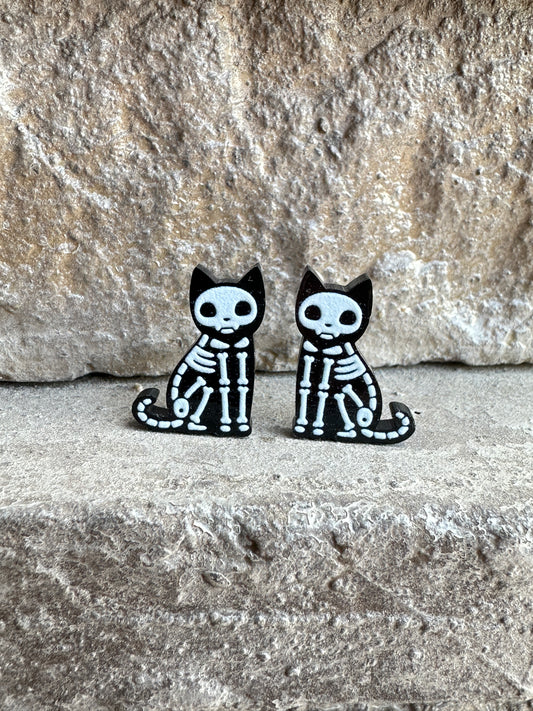 Cat Skeleton Stud Earrings | Halloween Earrings