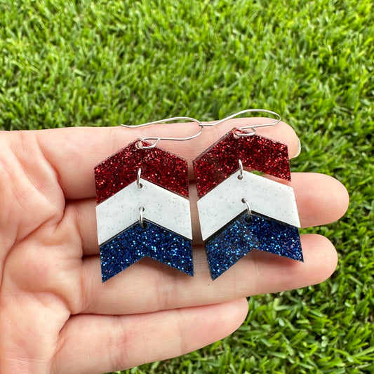 4th of July Chevron Glitter Acrylic Dangle Earrings