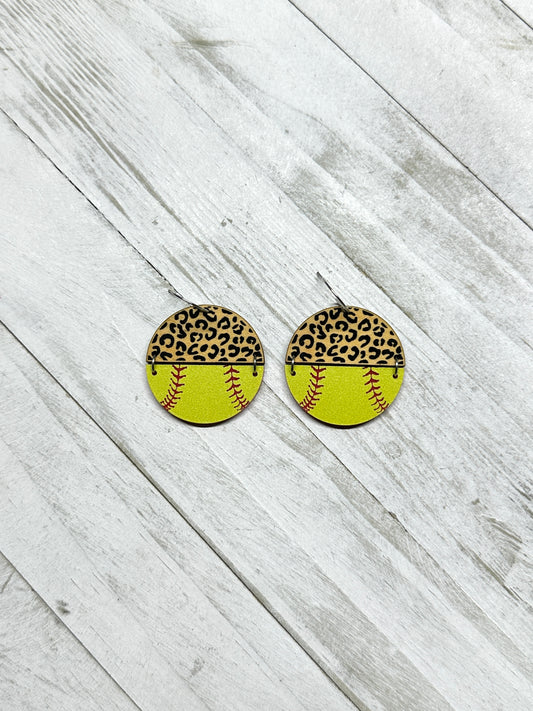Softball Leopard Maple Dangle Earrings | Sports Earrings