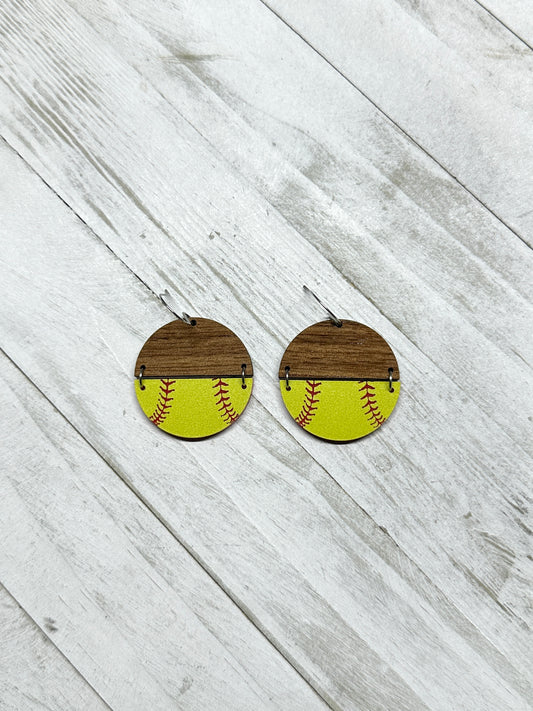 Softball Walnut Dangle Earrings | Sports Earrings