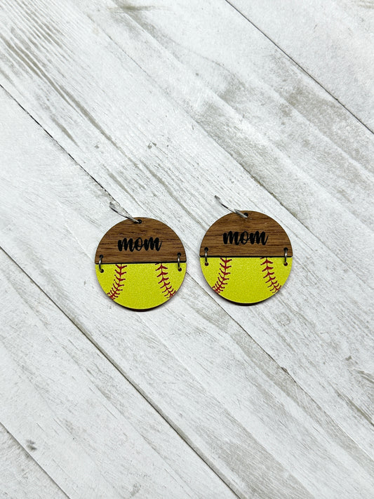 Softball Walnut Mom Dangle Earrings | Sports Earrings