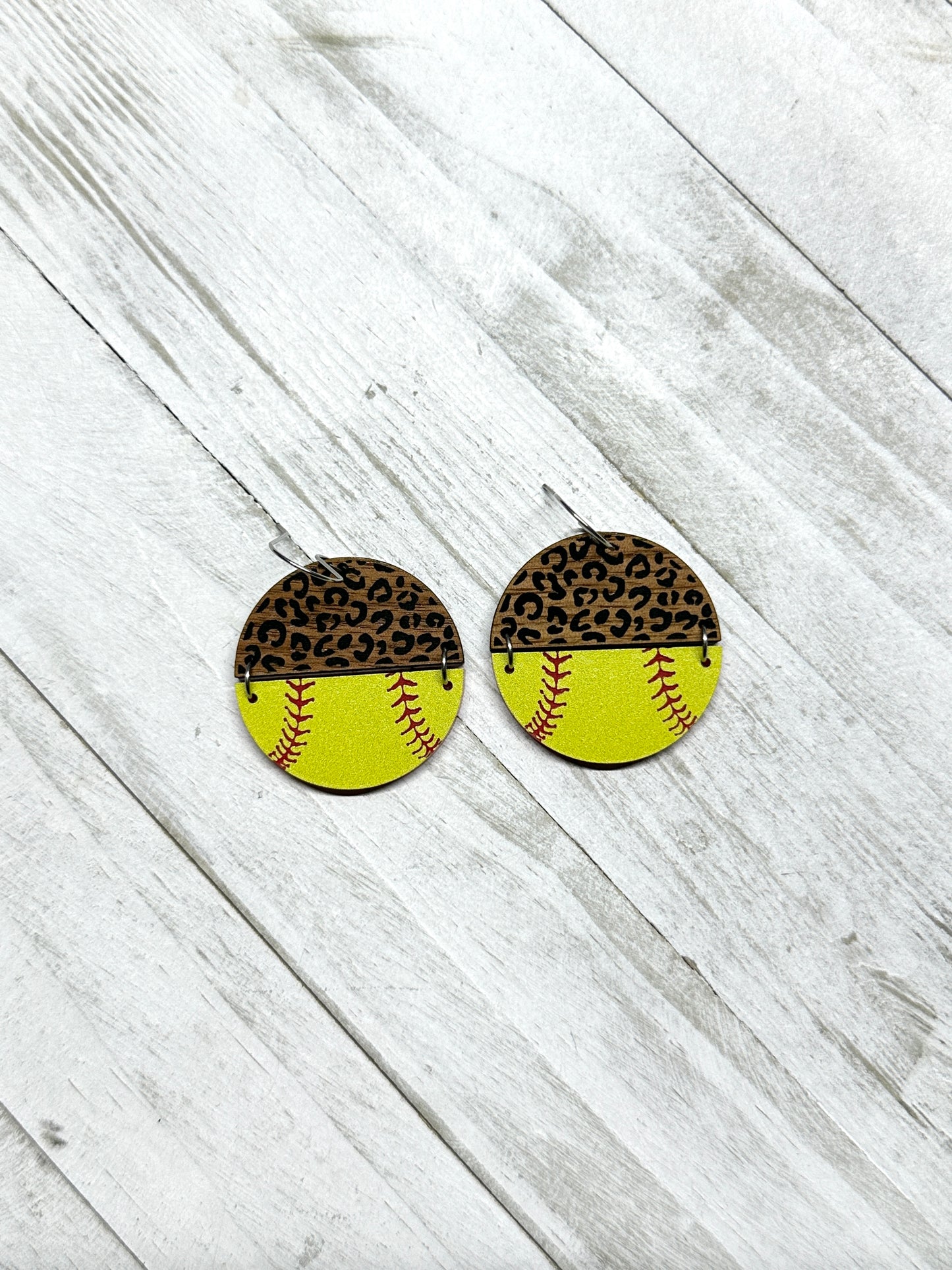 Softball Leopard Walnut Dangle Earrings | Sports Earrings
