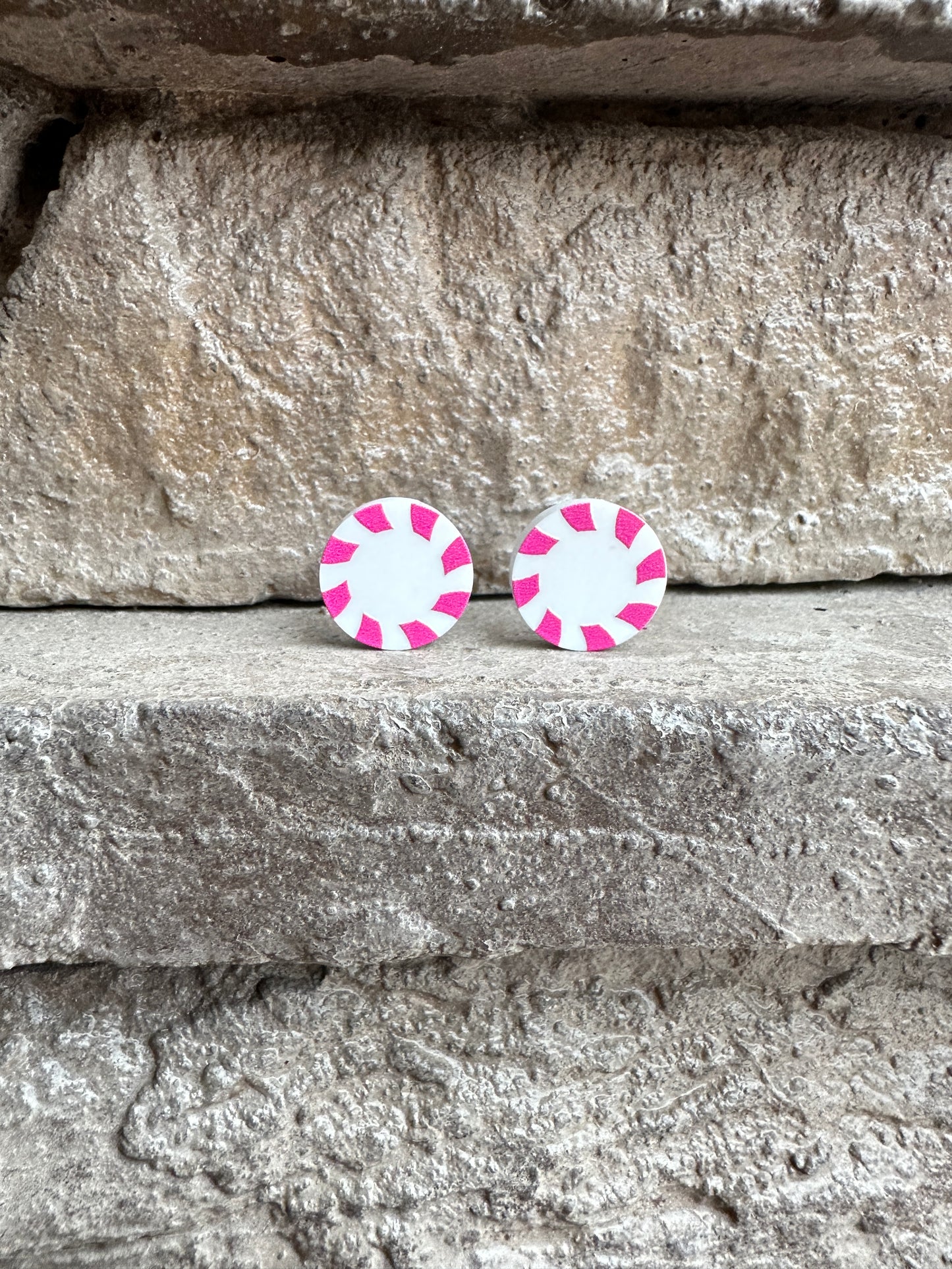 Pink Peppermint Candy Round Stud | Christmas Earrings