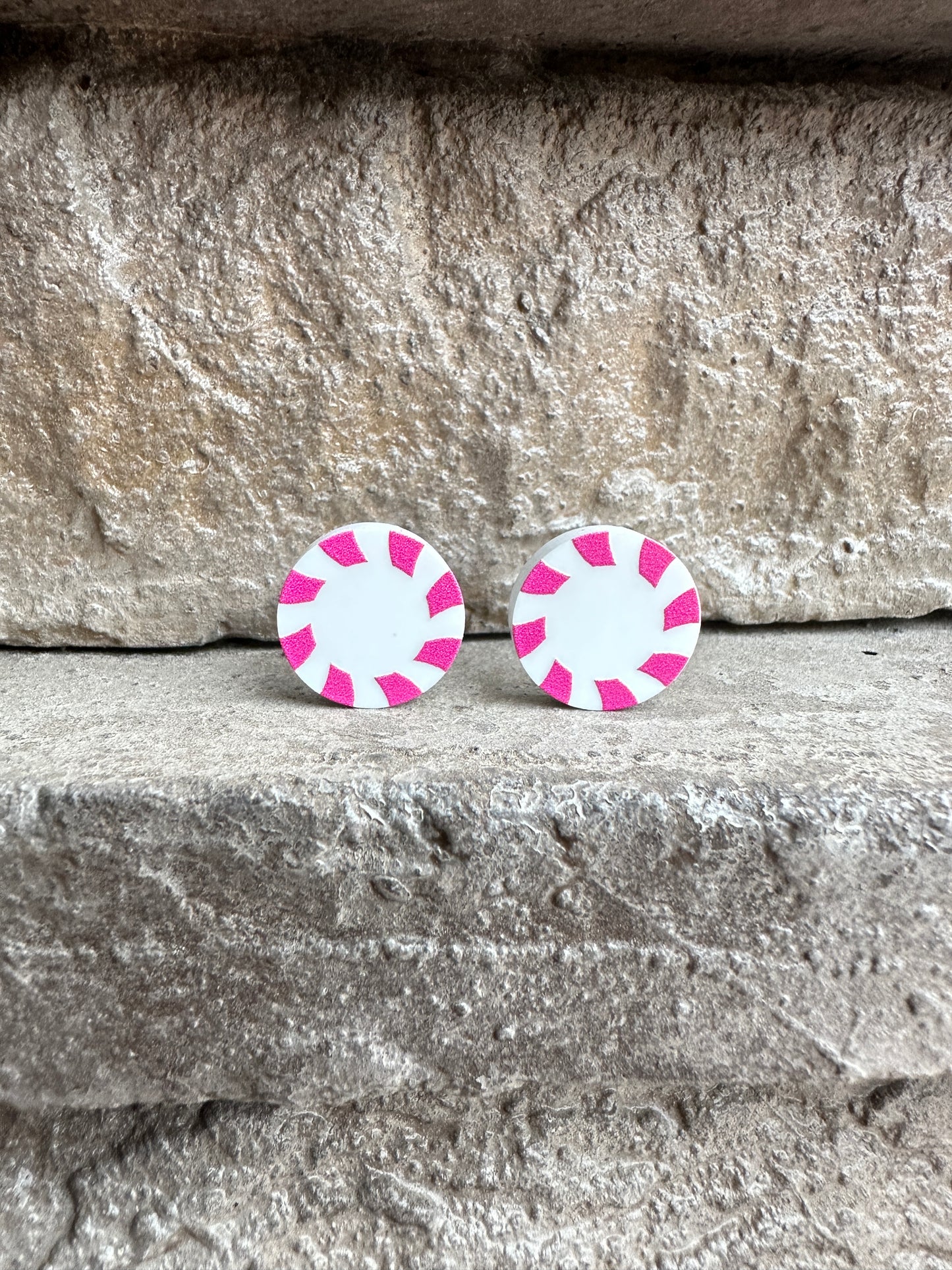 Pink Peppermint Candy Round Stud | Christmas Earrings