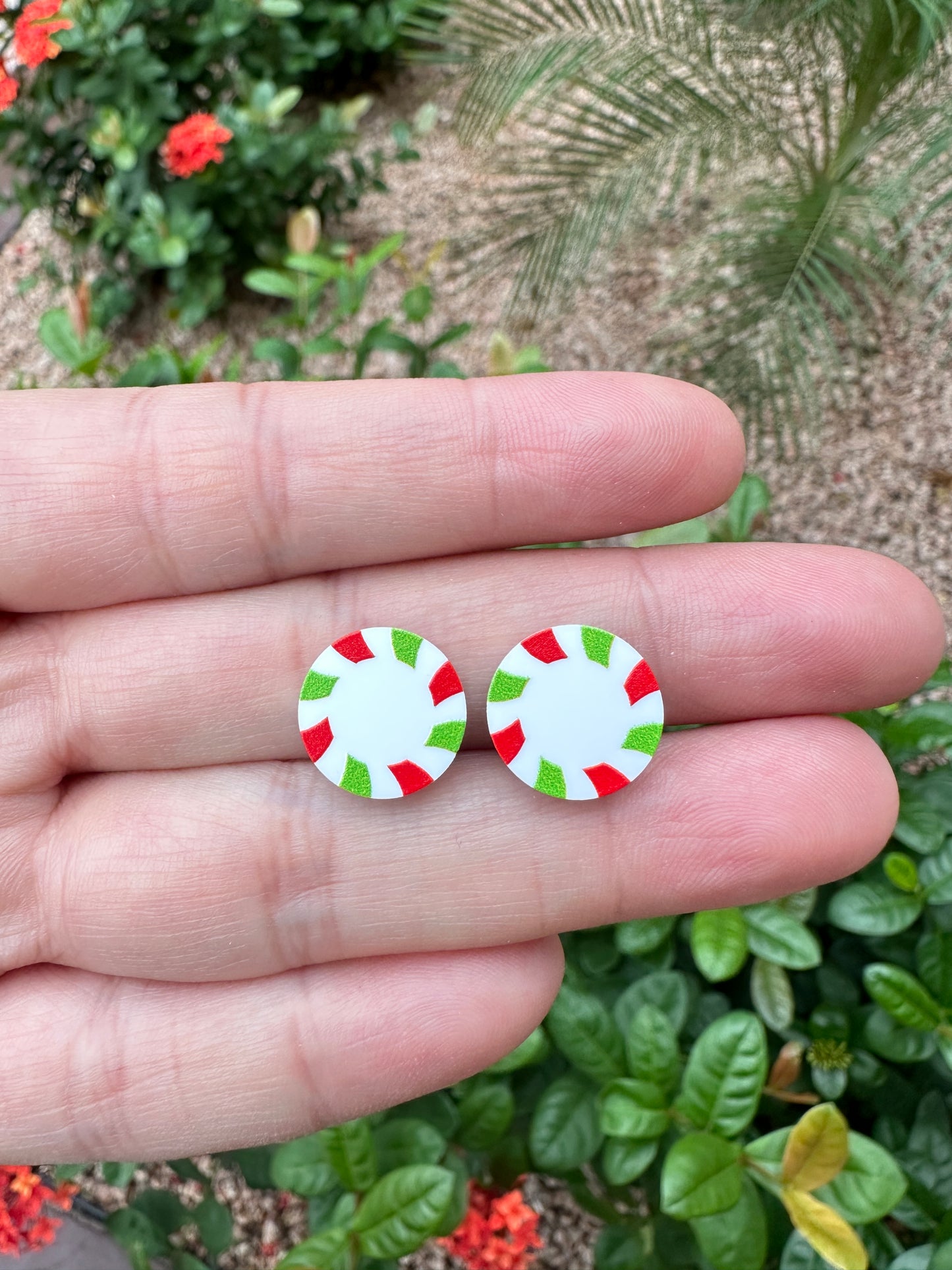 Green & Red Peppermint Candy Round Stud | Christmas Earrings