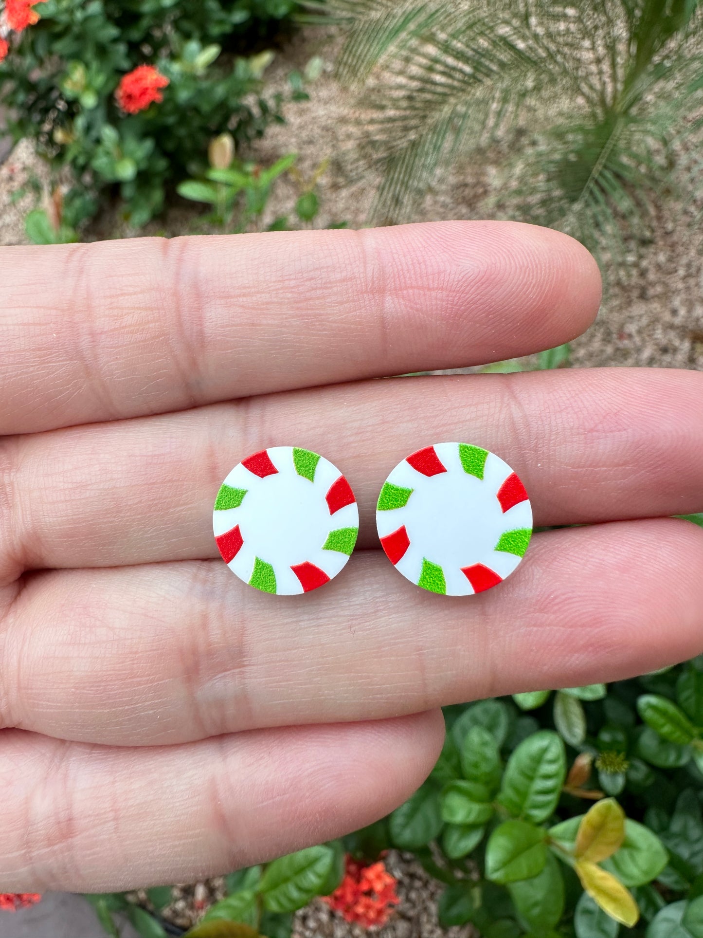Green & Red Peppermint Candy Round Stud | Christmas Earrings