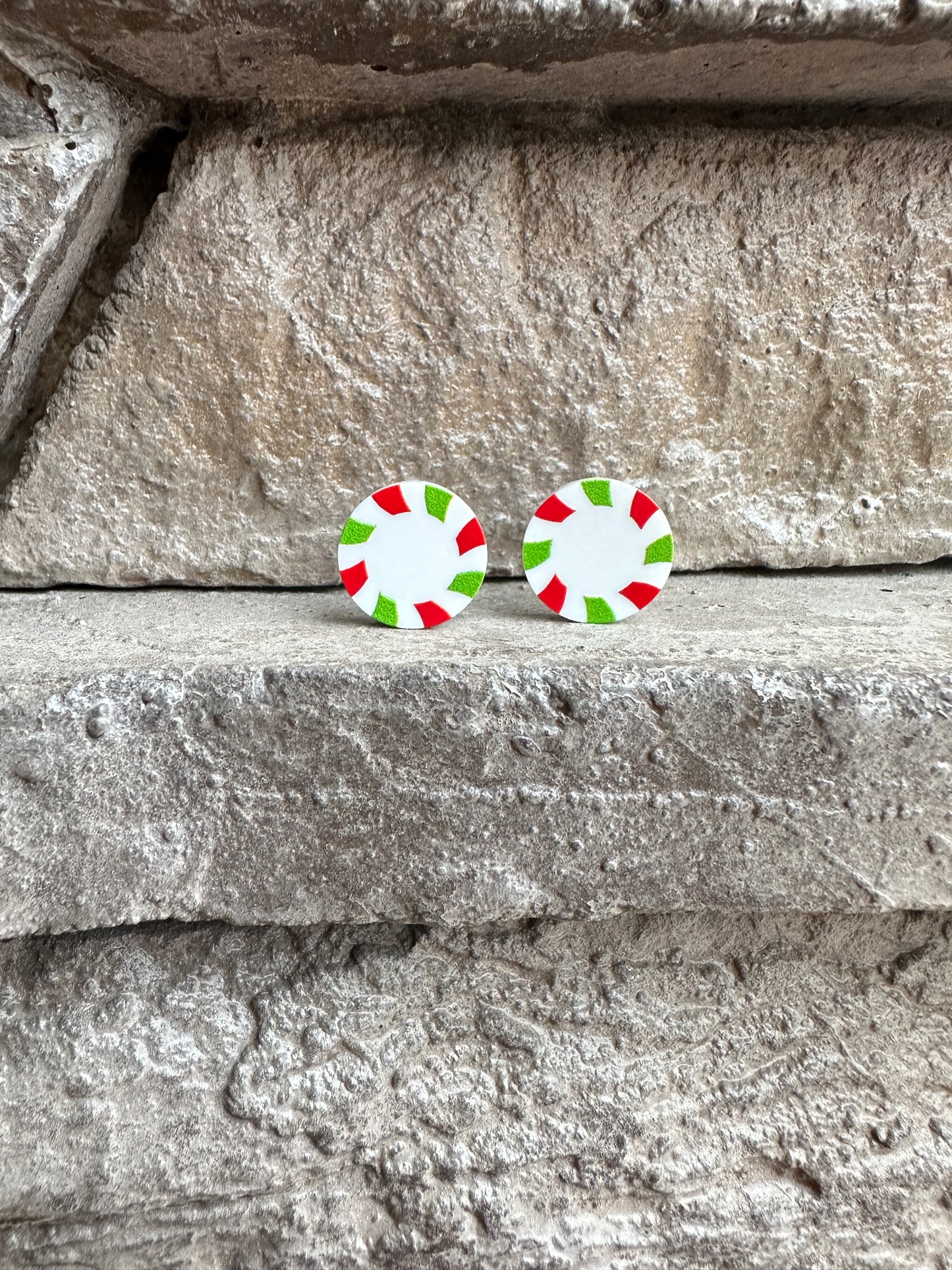 Green & Red Peppermint Candy Round Stud | Christmas Earrings